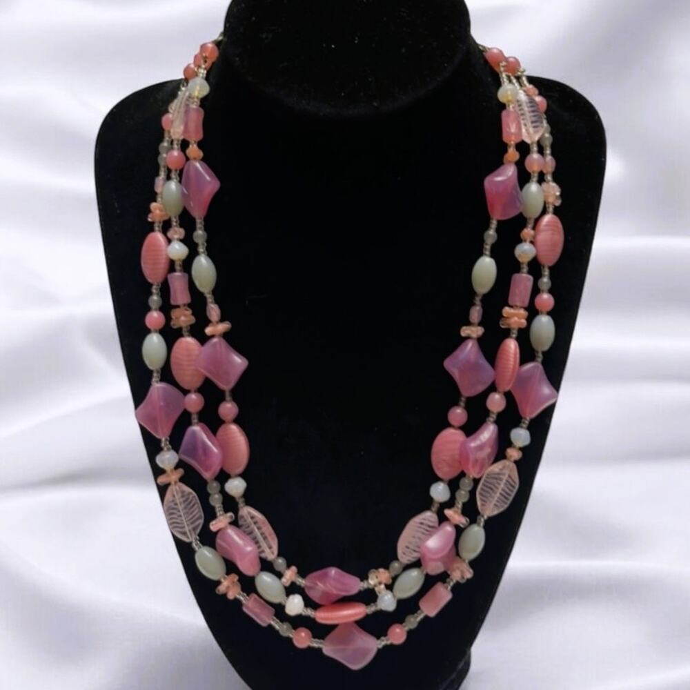 Vintage Multi-Strand Pink & White Quartz, Carved Glass Beads Cascading Necklace